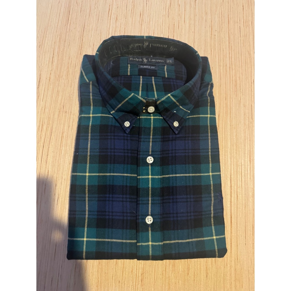 Ralph Lauren Classic Fit Plaid Button Down Shirt Navy Green Yellow Mens L NWT 44